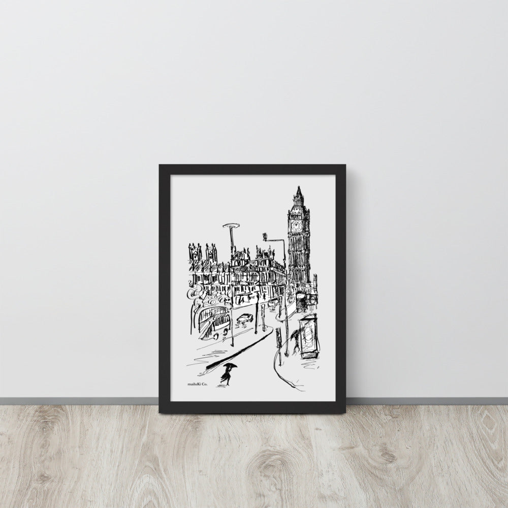 London - Big Ben Rainy Day - Black/White Drawing  - Framed matte paper poster