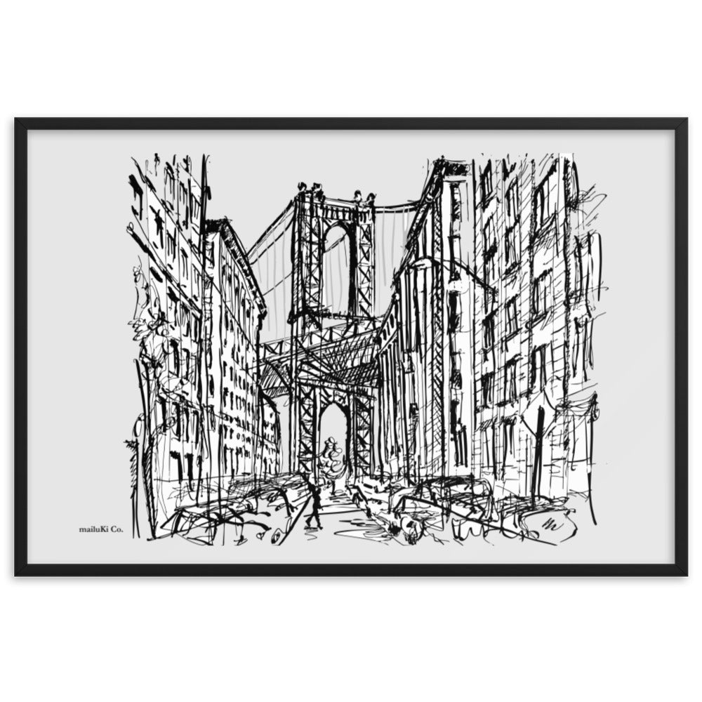 New York City – Brooklyn – Dumbo – Gerahmtes Poster mit Zeichnung aus mattem Papier