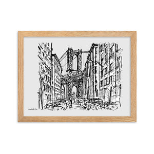 New York City – Brooklyn – Dumbo – Gerahmtes Poster mit Zeichnung aus mattem Papier