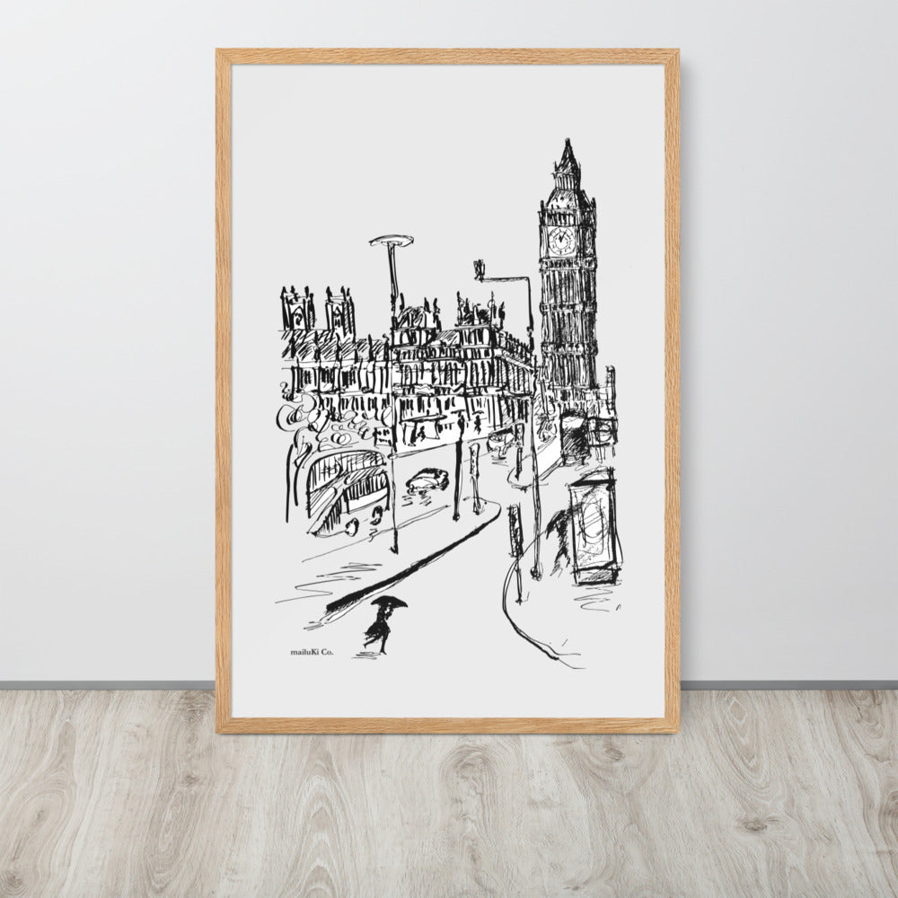 London – Big Ben Rainy Day – Schwarz/Weiß-Zeichnung – Gerahmtes Poster aus mattem Papier