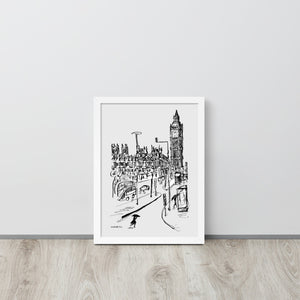 London – Big Ben Rainy Day – Schwarz/Weiß-Zeichnung – Gerahmtes Poster aus mattem Papier