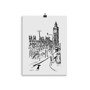 London - Big Ben Rainy Day - Drawing Poster