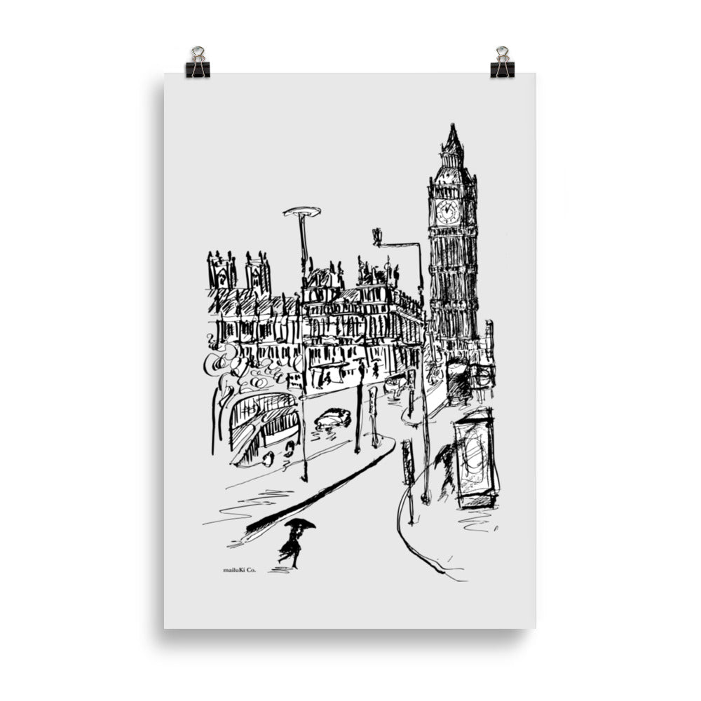 London - Big Ben Rainy Day - Drawing Poster