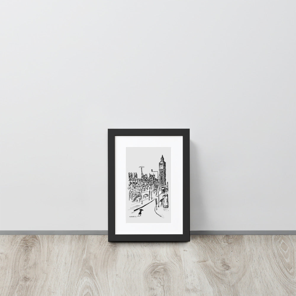 London - Big Ben Rainy Day -Black/White Drawing - Matte Paper Framed Poster With Mat