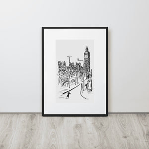 London – Big Ben Rainy Day – Schwarz/Weiß-Zeichnung – gerahmtes Poster aus mattem Papier mit Passepartout