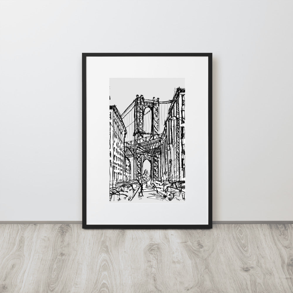 New York City – Brooklyn Dumbo Drawing – gerahmtes Poster aus mattem Papier mit Passepartout