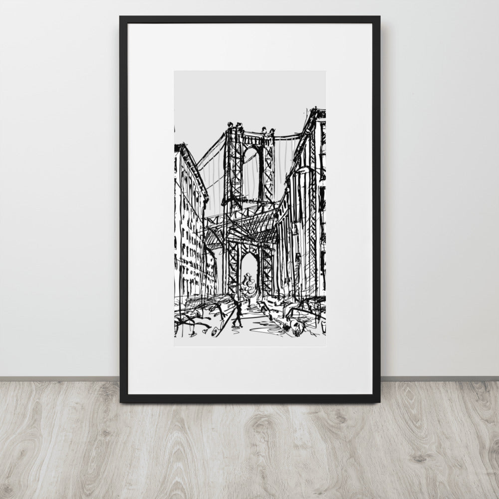 New York City – Brooklyn Dumbo Drawing – gerahmtes Poster aus mattem Papier mit Passepartout