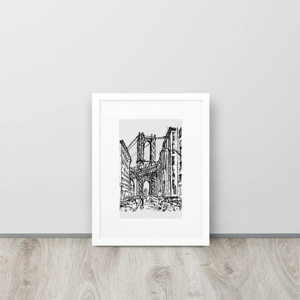 New York City - Brooklyn Dumbo Drawing- Matte Paper Framed Poster With Mat