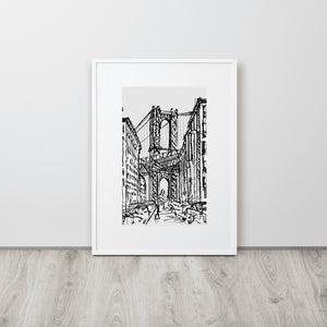 New York City - Brooklyn Dumbo Drawing- Matte Paper Framed Poster With Mat