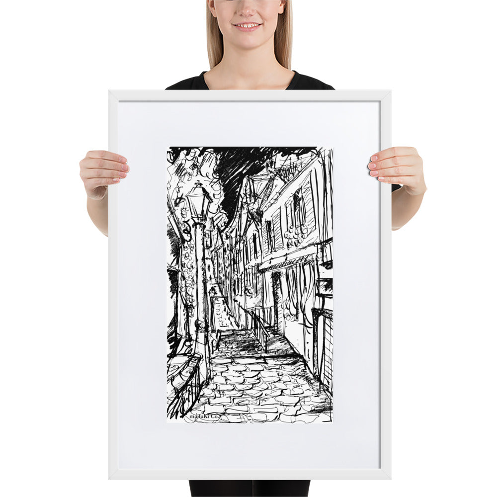Paris Rue Montmartre - Matte Paper Framed Drawing Poster Ilustration With Mat