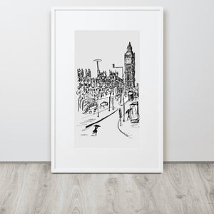 London – Big Ben Rainy Day – Schwarz/Weiß-Zeichnung – gerahmtes Poster aus mattem Papier mit Passepartout