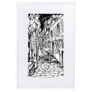 Paris Rue Montmartre – Mattes Papier, gerahmt, Zeichnung, Poster, Illustration mit Passepartout